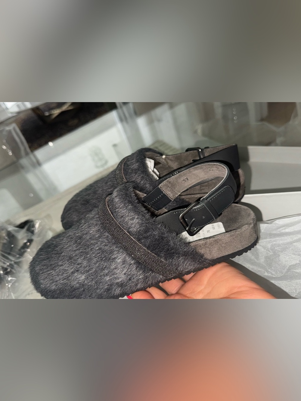 Brunello Cucinelli Gray Fur Slingback Clogs